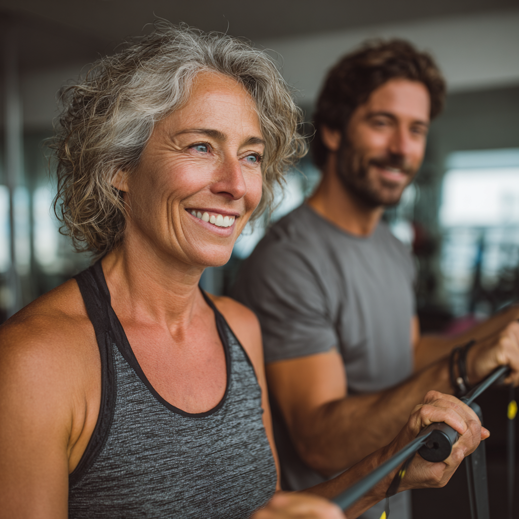 Fifty-year-old woman working with a personal trainer in a bright fitness studio, doing resistance band exercises, both smiling and engaged