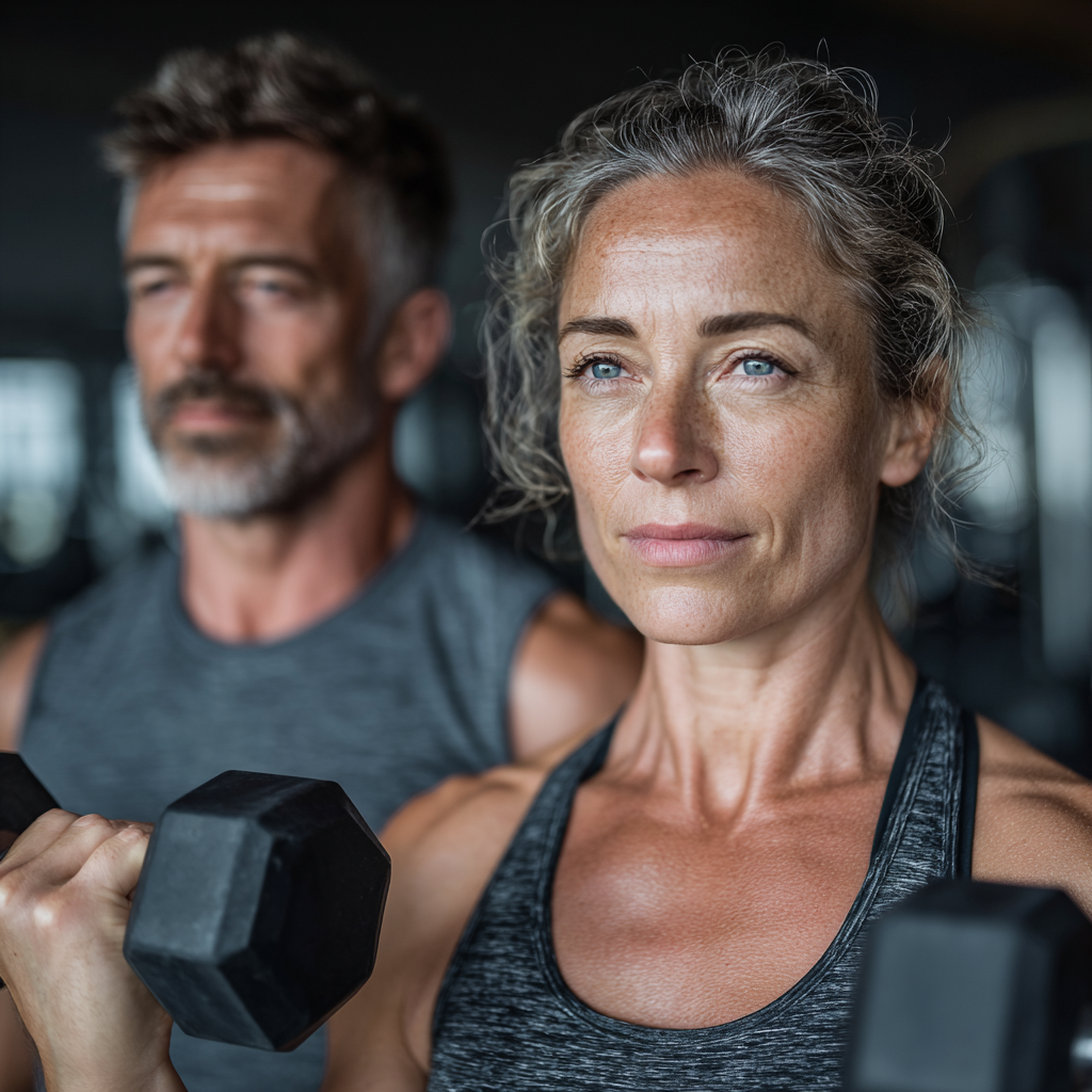 Mature woman and man in their late forties doing strength training exercises with dumbbells in a modern gym, focused expressions, athletic wear